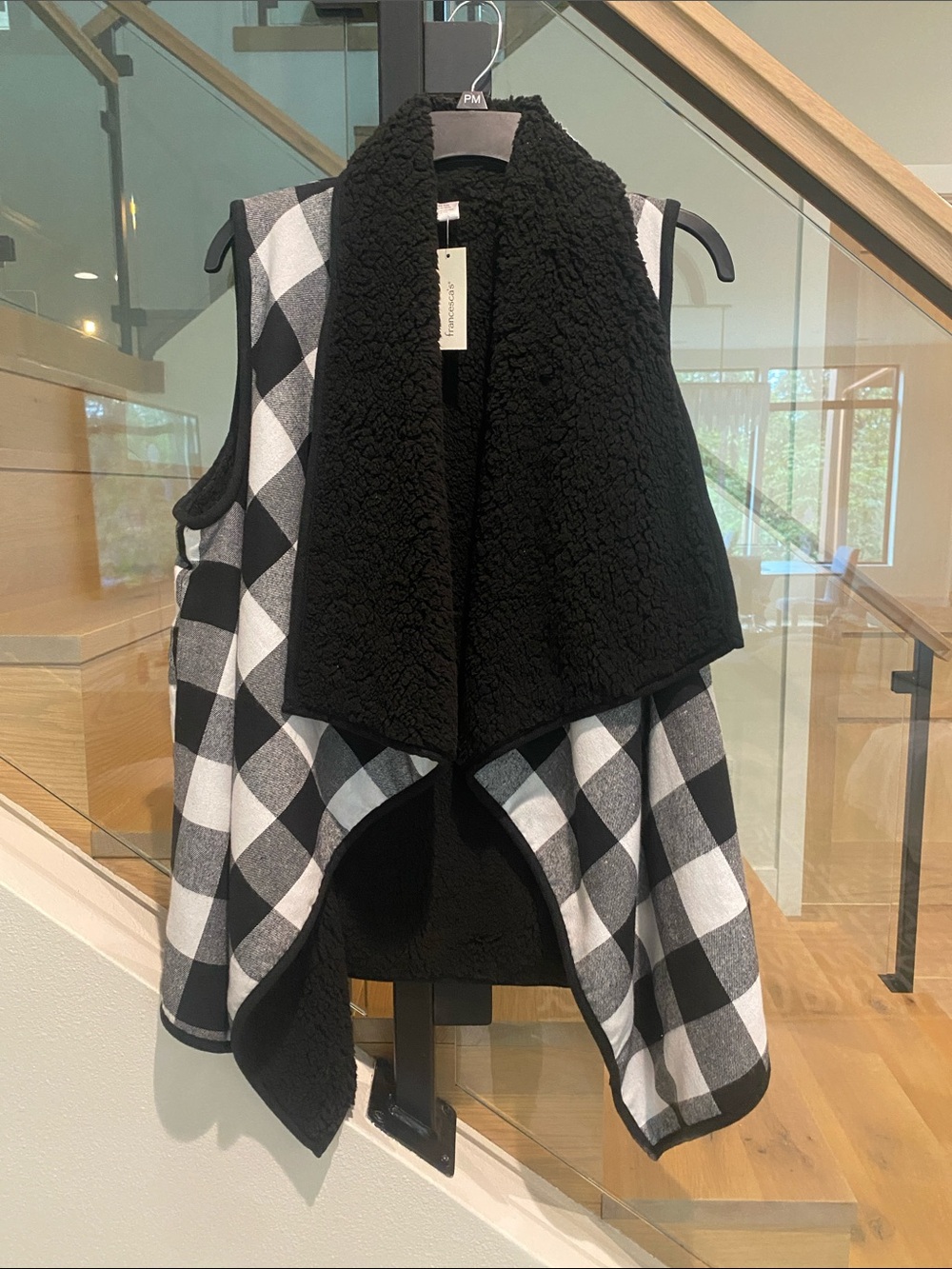 Francesca's Collections Black & White Buffalo Plaid Sherpa Vest